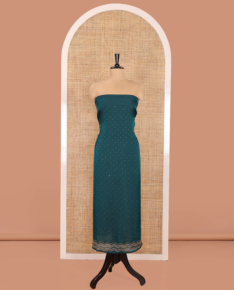 Peacock Green Material Churidar Set, Adorned with Swarovski Stone Work Nc Moss Organza Top, Comes with a Plain Santoon Bottom, and Floral Printed Nc Moss Organza Dupatta - Image 4