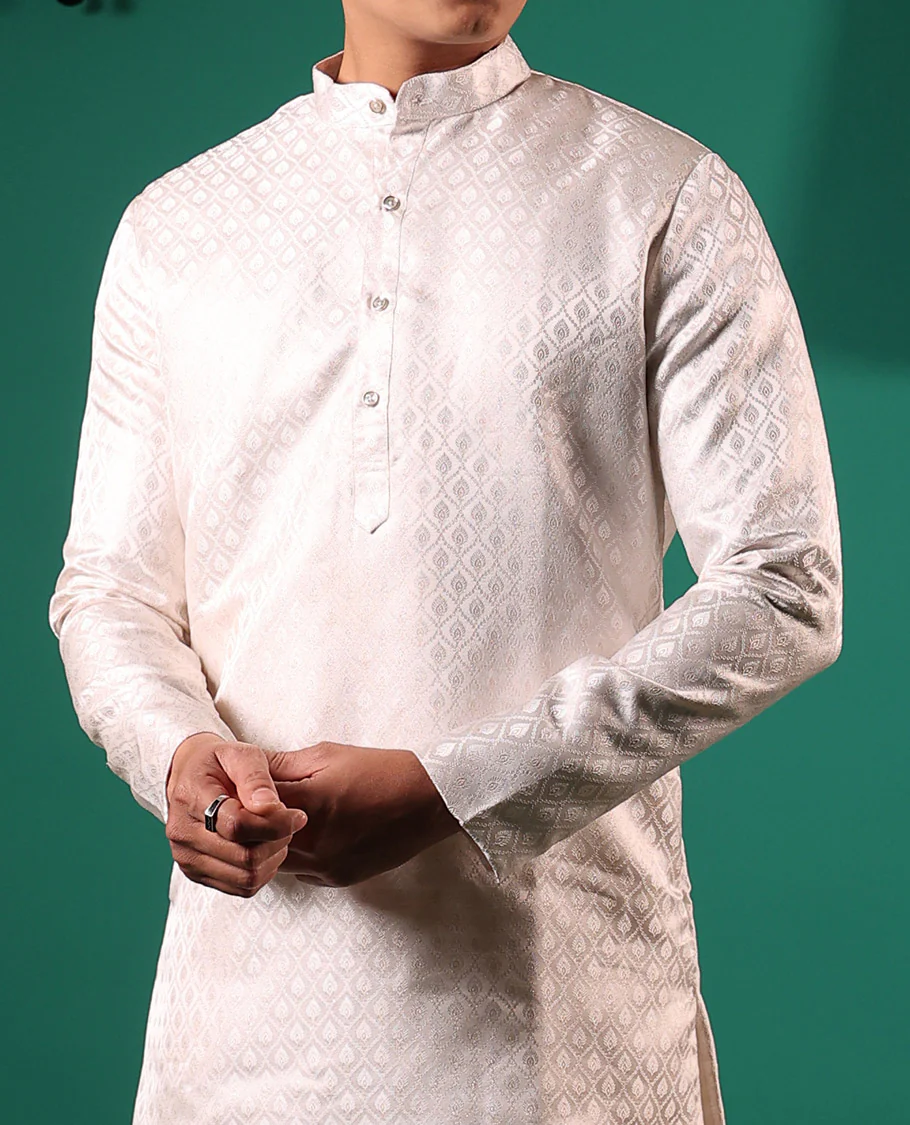 Pearl white butta enclosed jaal embossed full-sleeved men's kurta - Image 4