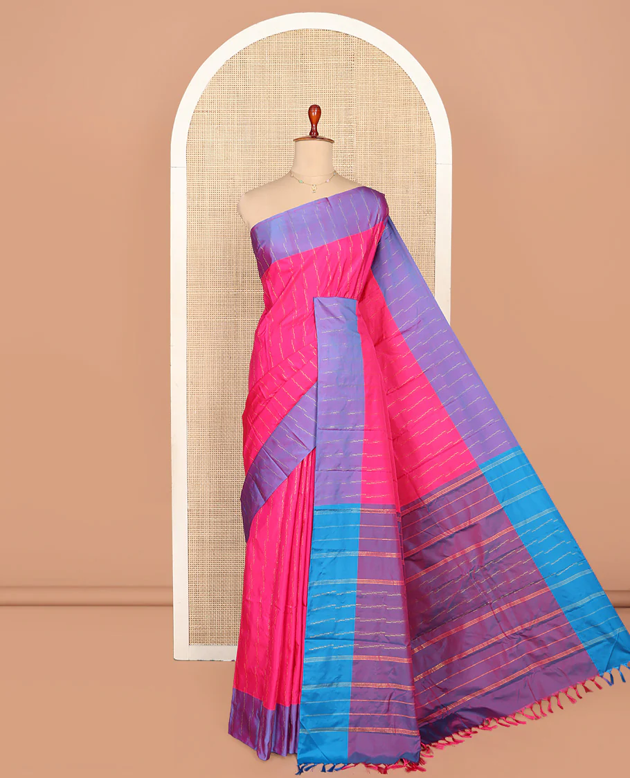 Pink Aarani Silk Saree, Accentuated with Zari Stripes on Its Body, Complemented by a Contrast Zari Striped Border, Pallu of Zari Stripes, and Paired with a Contrast Blouse