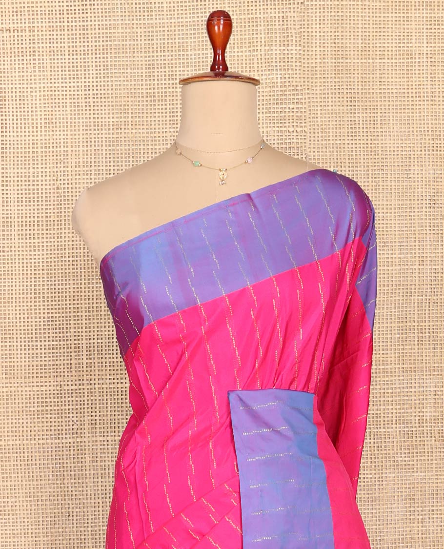 Pink Aarani Silk Saree, Accentuated with Zari Stripes on Its Body, Complemented by a Contrast Zari Striped Border, Pallu of Zari Stripes, and Paired with a Contrast Blouse - Image 2