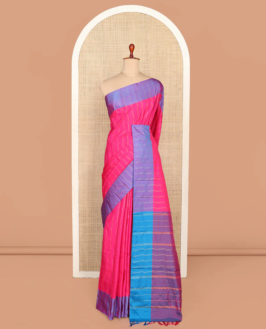 Pink Aarani Silk Saree, Accentuated with Zari Stripes on Its Body, Complemented by a Contrast Zari Striped Border, Pallu of Zari Stripes, and Paired with a Contrast Blouse - Image 3