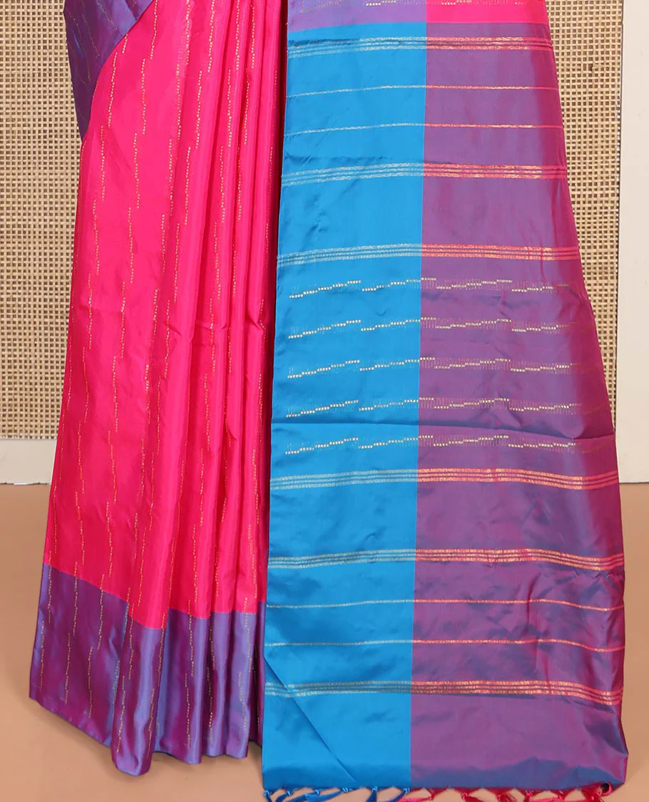 Pink Aarani Silk Saree, Accentuated with Zari Stripes on Its Body, Complemented by a Contrast Zari Striped Border, Pallu of Zari Stripes, and Paired with a Contrast Blouse - Image 4