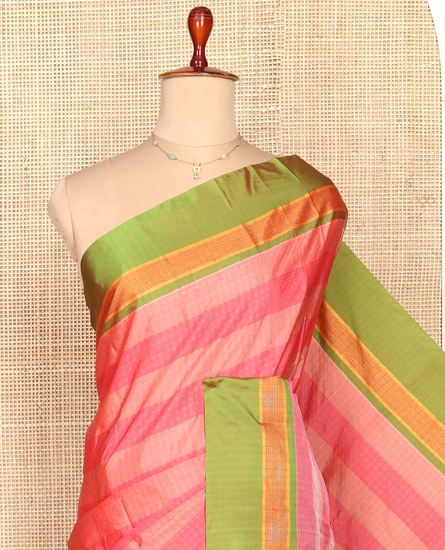 Pink Aarani Silk Saree, Decked Up with Stripes and Buttas All Over Its Body, Complemented by a Contrast Zari Stripes Border, Pallu of Stripes, and Paired with a Contrast Blouse - Image 2