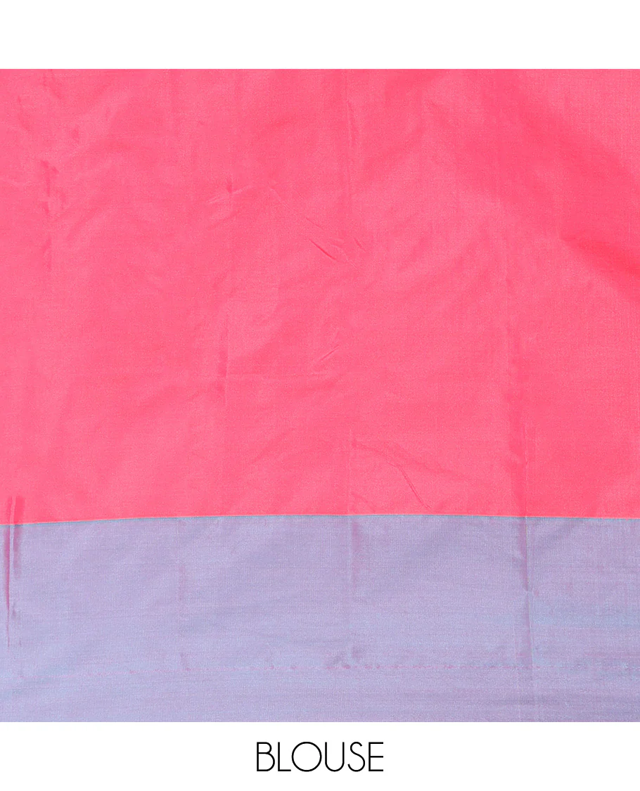 Pink Aarani Silk Saree, Decorated with Zari Buttas All Over Its Body, Complemented by a Contrast Zari Striped Border, Striped Pallu, and Paired with a Matching Blouse - Image 3