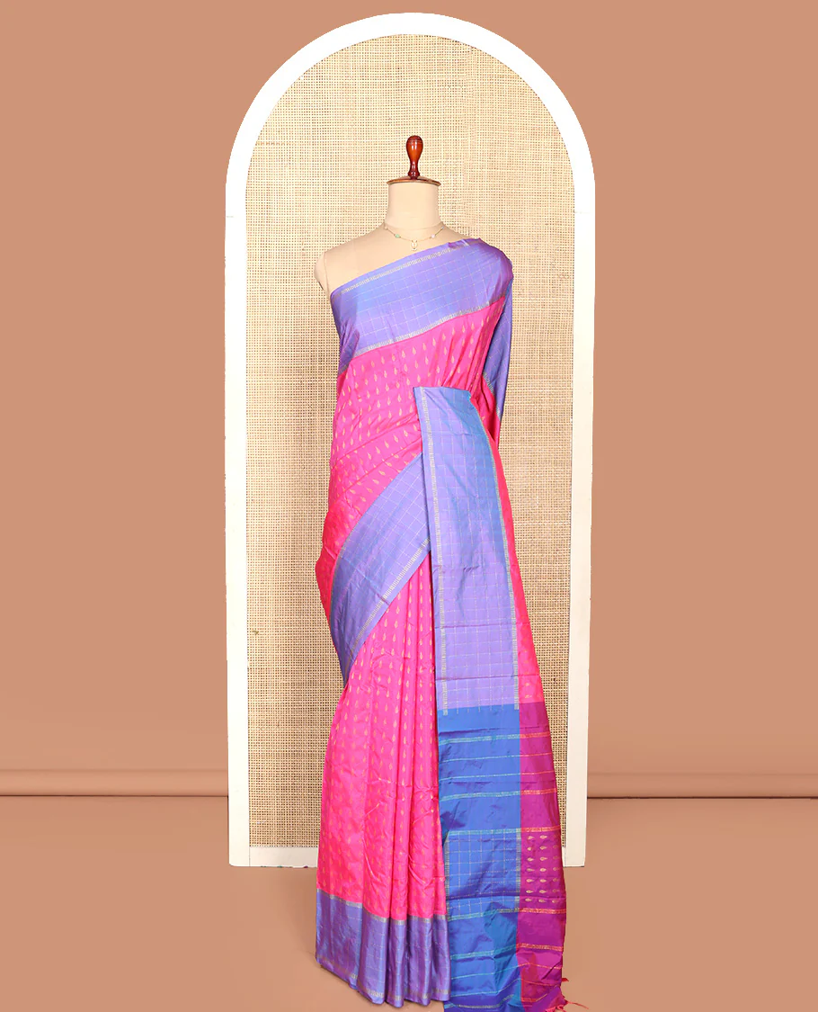 Pink Aarani Silk Saree, Woven with Buttas on Its Body, Complemented by a Contrast Checked Border, Pallu of Stripes and Buttas, and Paired with a Matching Blouse - Image 3