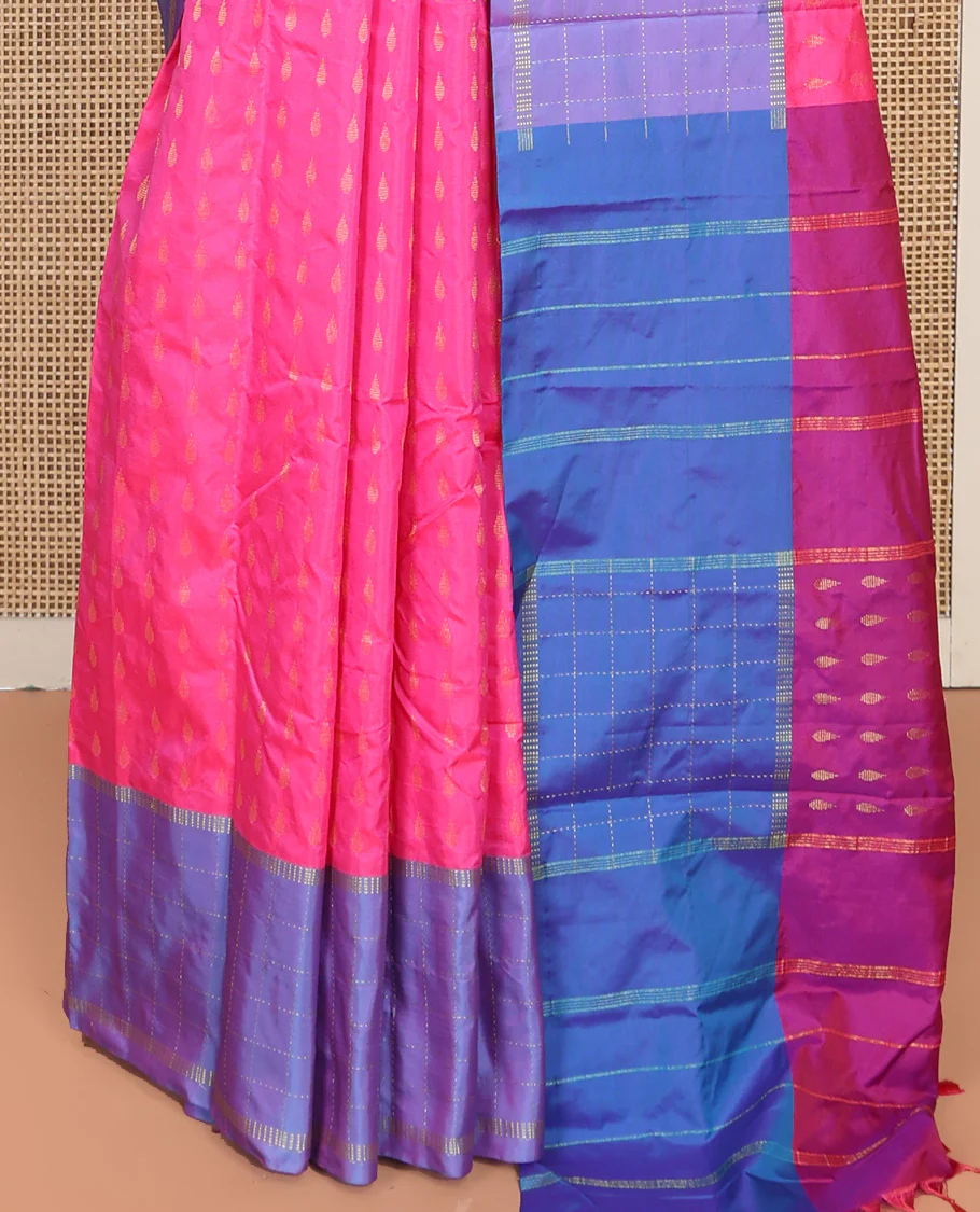 Pink Aarani Silk Saree, Woven with Buttas on Its Body, Complemented by a Contrast Checked Border, Pallu of Stripes and Buttas, and Paired with a Matching Blouse - Image 4