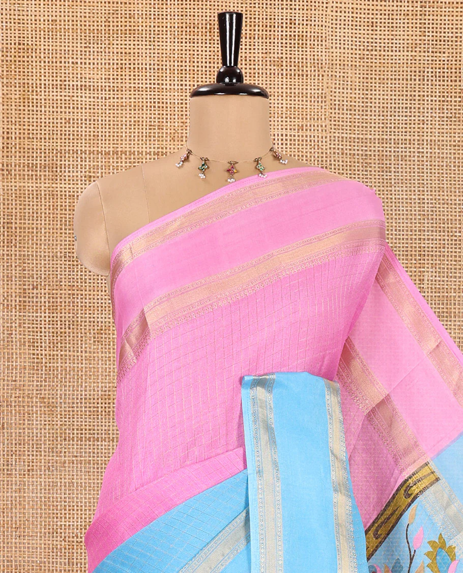 Pink and Blue Moss Chiffon Saree, Decorated with Zari Micro-Checked Design on Its Body, Complemented by Zari Traditional Design Rettai Pettu Border, Pallu Features Tree and Bird Designs, and Paired with a Contrast Blouse - Image 2
