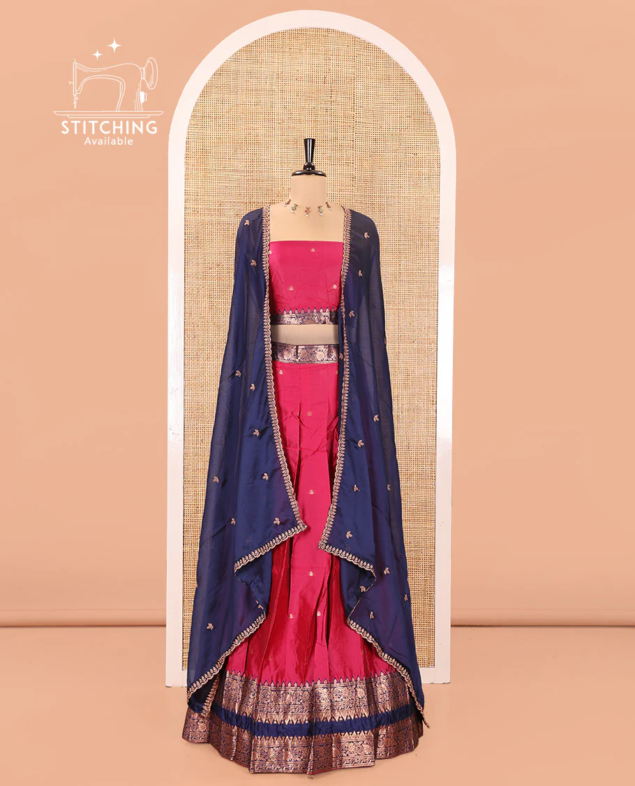 Pink and Blue Semi-Banarasi Half-Saree, Accentuated with Zari Buttas on Its Skirt, Complemented by a Contrast Rettai Pettu Traditional Zari-Design Border, Paired with a Matching Blouse, and Comes with a Contrast Satin Georgette Embroidered Dhavani - Image 2