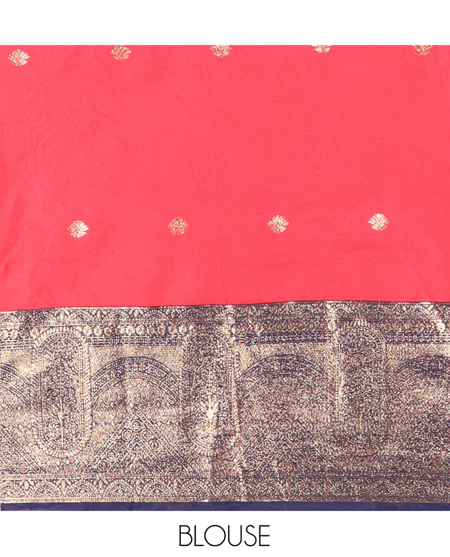 Pink and Blue Semi-Banarasi Half-Saree, Elegantly Woven with Zari Buttas on Its Skirt, Complemented by a Contrast Geometric Patterns Zari Woven Border, Paired with a Matching Blouse, and a Contrast Satin Georgette Embroidered Scallop Dhavani - Image 4