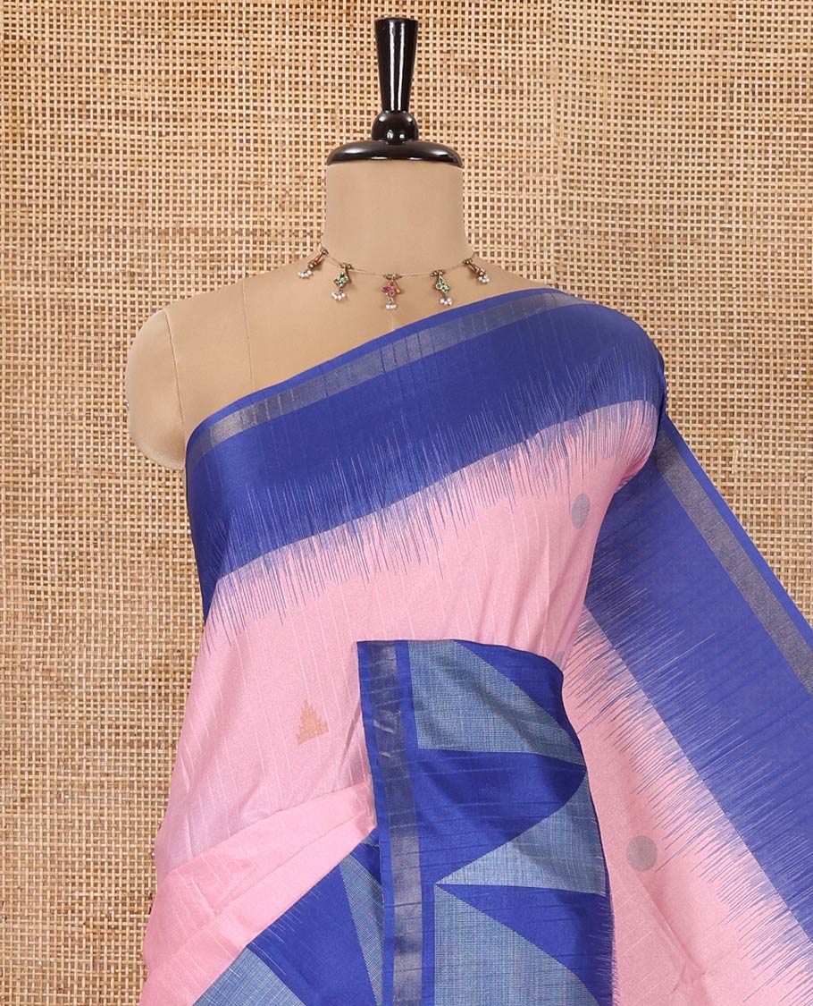 Pink and Blue Semi-Tussar Saree, Subtly Sparkled with Stripes, Temple Motifs, and Circle Motifs on Its Body, Complemented by a Contrast Border, and Pallu of Geometric Print, and Paired with a Contrast Blouse - Image 2