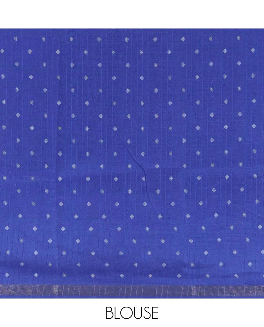 Pink and Blue Semi-Tussar Saree, Subtly Sparkled with Stripes, Temple Motifs, and Circle Motifs on Its Body, Complemented by a Contrast Border, and Pallu of Geometric Print, and Paired with a Contrast Blouse - Image 3