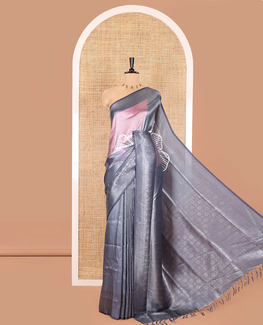 Pink and Grey Tissue Saree, Adorned with Jacquard Design and Floral Printed on Its Body, Complemented by Contrast Traditional Motifs Print, Pallu Steeped with Floral Motifs, and Paired with a Contrast Blouse