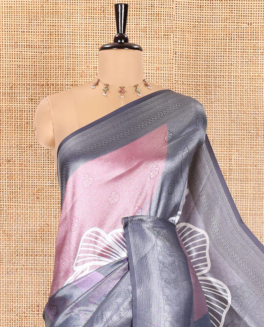 Pink and Grey Tissue Saree, Adorned with Jacquard Design and Floral Printed on Its Body, Complemented by Contrast Traditional Motifs Print, Pallu Steeped with Floral Motifs, and Paired with a Contrast Blouse - Image 2