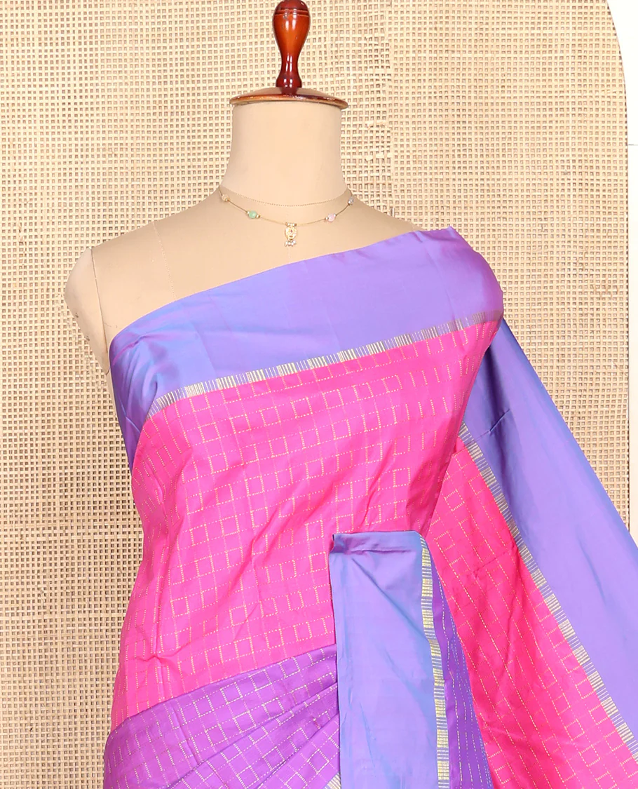 Pink and Lavender Aarani Silk Saree, Embellished with Zari Checks All Over Its Body, Complemented by a Contrast Border, Pallu of Stripes, and Paired with a Matching Blouse - Image 2