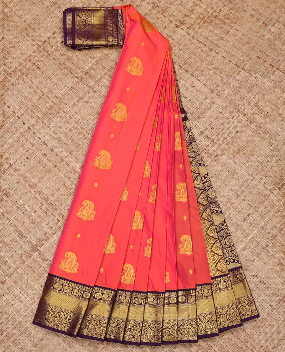 Pink and Orange Budget Silk Saree, Adorned with Zari Buttas on Its Body, Complemented by a Contrast Traditional Zari Design Border, Grand Pallu, and Paired with a Contrast Blouse - Image 2
