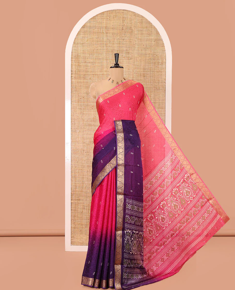Pink and Violet Candy Chiffon Saree, Featuring Floral Vine Embossed, Buttas, and Ombre-Style Dyed on Its Body, Highlighted by Floral Creeper Zari Border, Intricately Designed Pallu, and Paired with a Contrast Blouse