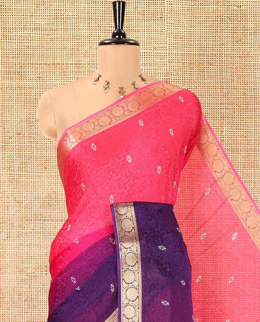 Pink and Violet Candy Chiffon Saree, Featuring Floral Vine Embossed, Buttas, and Ombre-Style Dyed on Its Body, Highlighted by Floral Creeper Zari Border, Intricately Designed Pallu, and Paired with a Contrast Blouse - Image 2