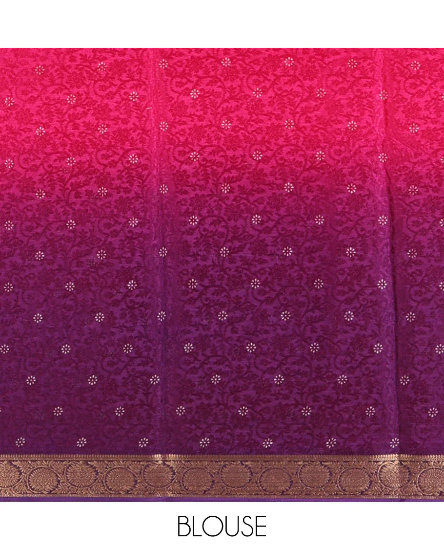 Pink and Violet Candy Chiffon Saree, Featuring Floral Vine Embossed, Buttas, and Ombre-Style Dyed on Its Body, Highlighted by Floral Creeper Zari Border, Intricately Designed Pallu, and Paired with a Contrast Blouse - Image 3