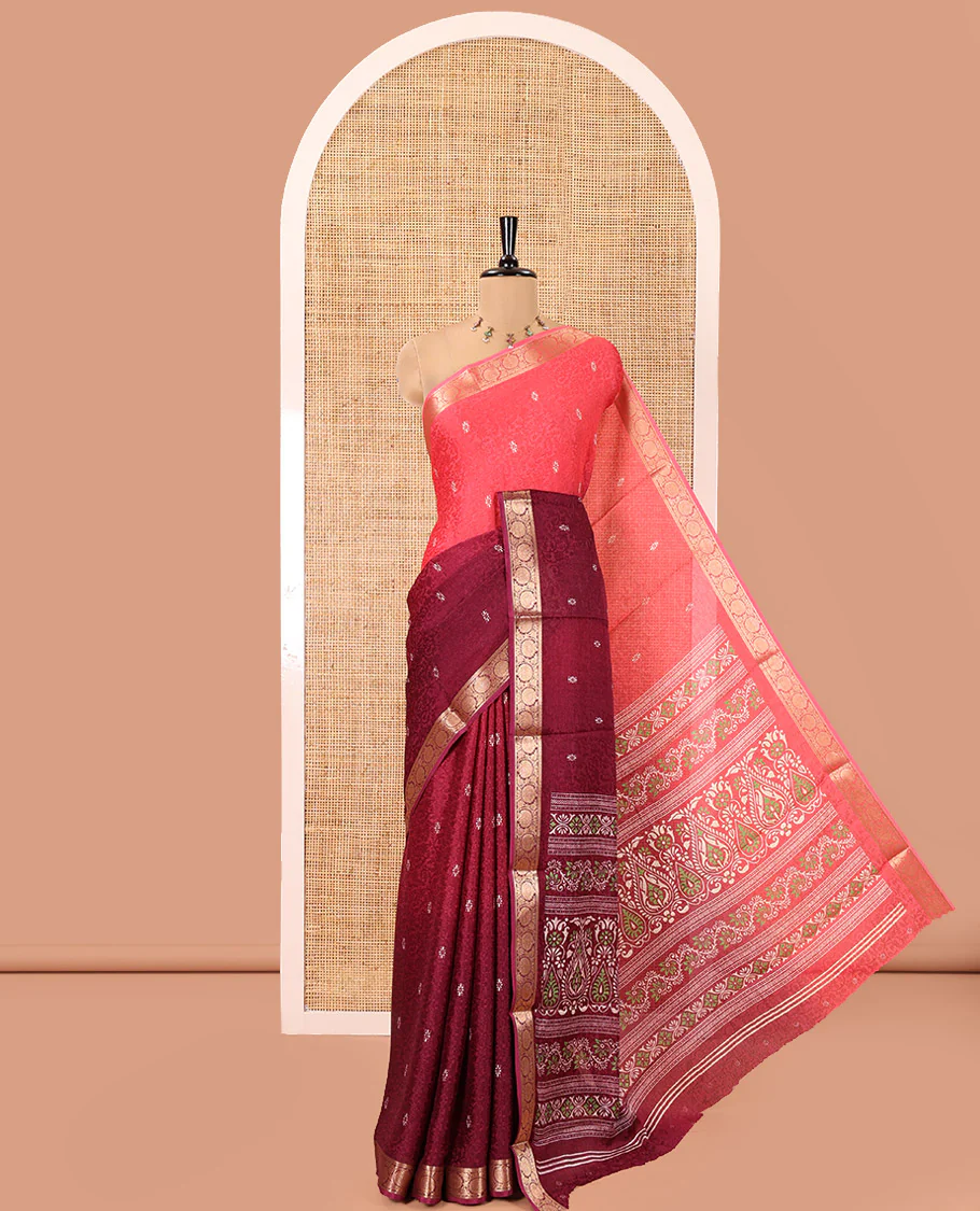 Pink and Wine Candy Chiffon Saree, Decorated with Floral Vine Embossed, Buttas, and Ombre-Style Dyed on Its Body, Highlighted by Floral Creeper Zari Border, Intricately Designed Pallu, and Paired with a Contrast Blouse