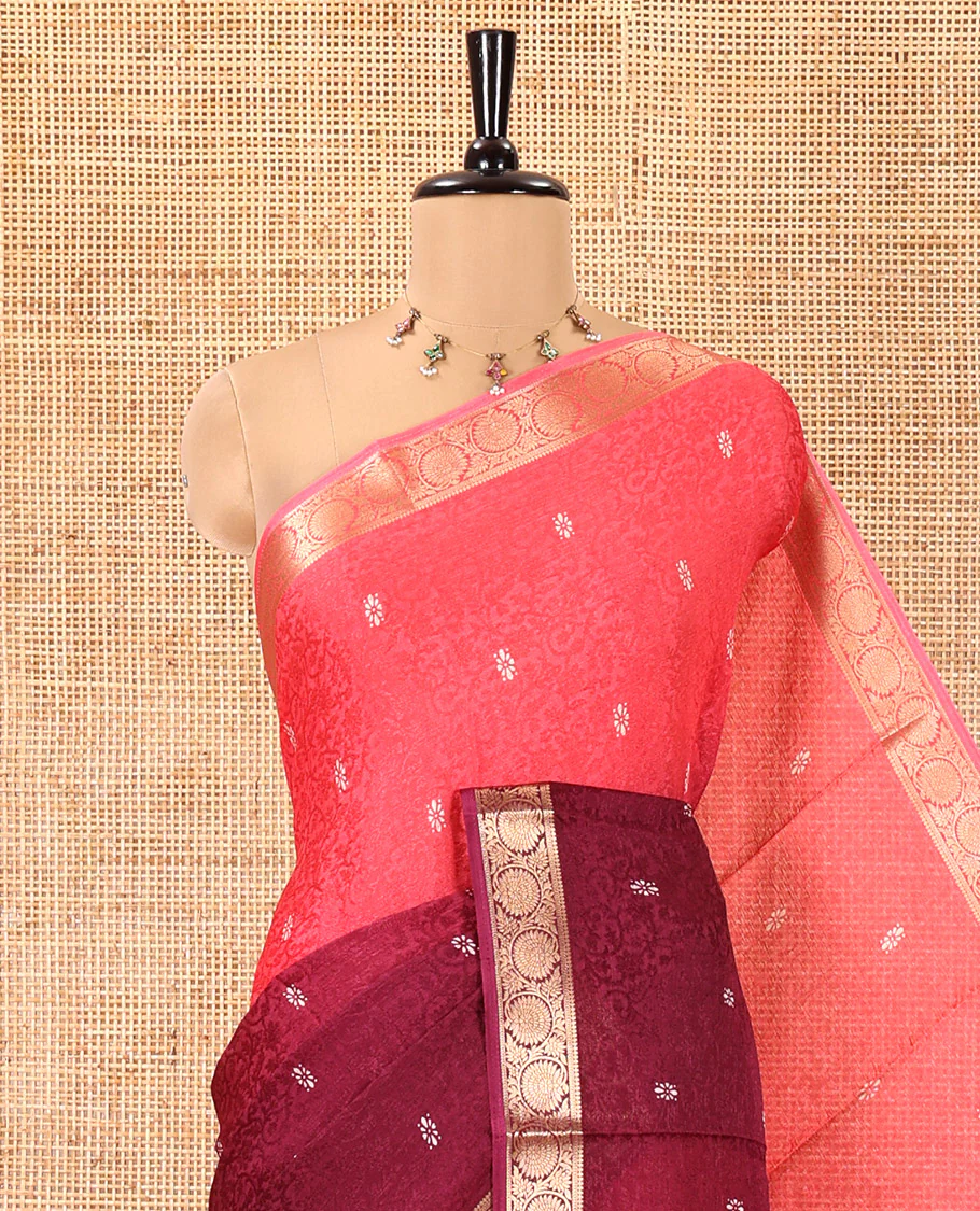 Pink and Wine Candy Chiffon Saree, Decorated with Floral Vine Embossed, Buttas, and Ombre-Style Dyed on Its Body, Highlighted by Floral Creeper Zari Border, Intricately Designed Pallu, and Paired with a Contrast Blouse - Image 2