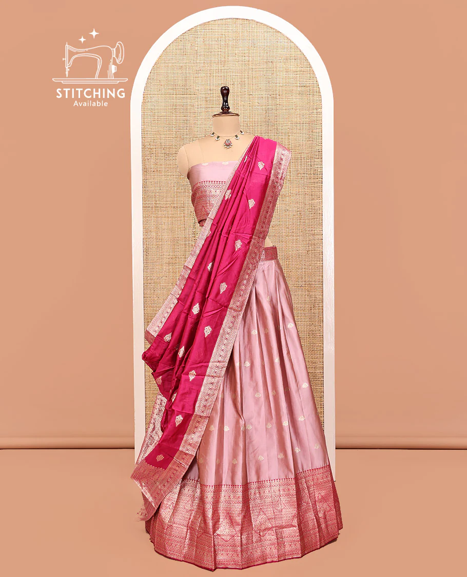 Pink Art Silk Half Saree, Bedecked with Buttas Skirt, Contrast Traditional Border, Matching Blouse, and a Contrast Banaras Dhavani - Image 3