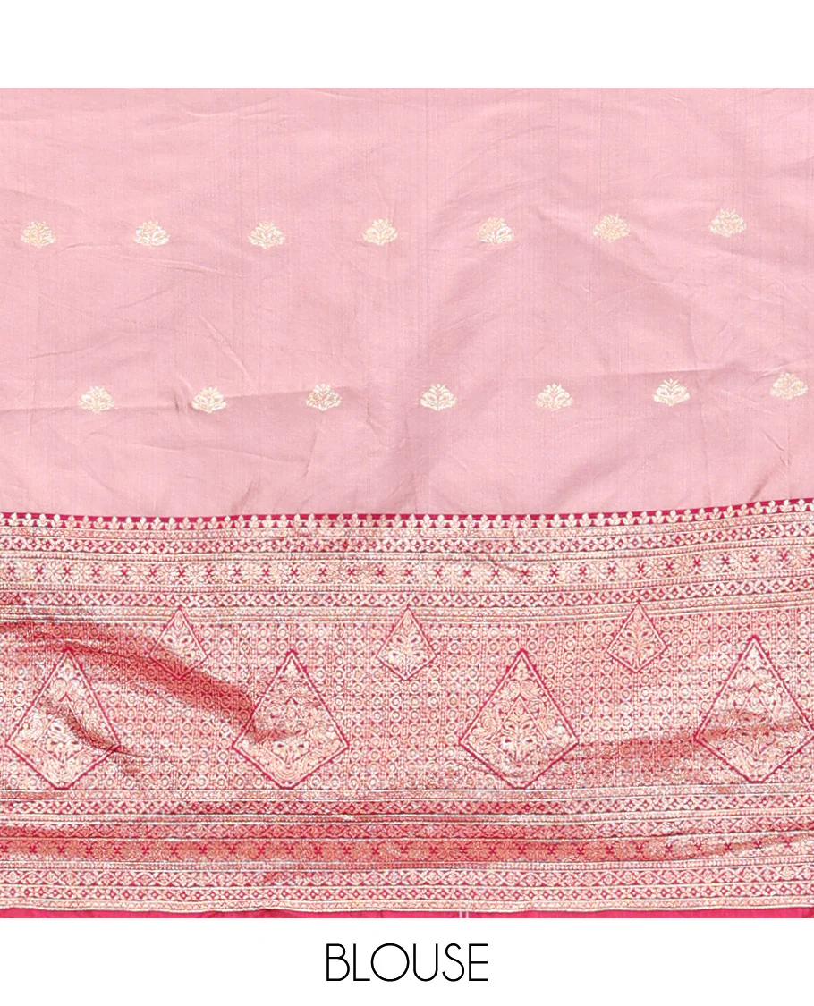 Pink Art Silk Half Saree, Bedecked with Buttas Skirt, Contrast Traditional Border, Matching Blouse, and a Contrast Banaras Dhavani - Image 4