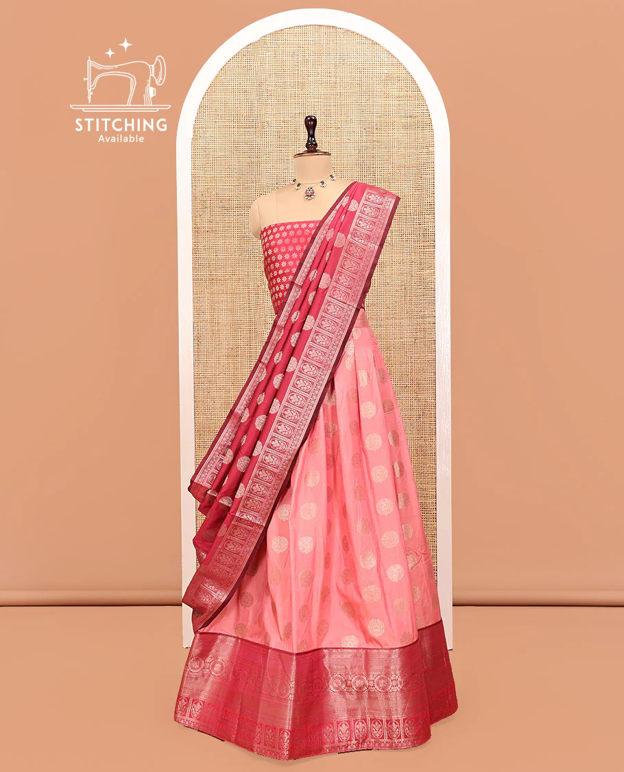 Pink Art Silk Half Saree, Detailed with Zari Buttas Skirt, Contrast Traditional Border, Jacquard Blouse, and a Contrast Banaras Dhavani