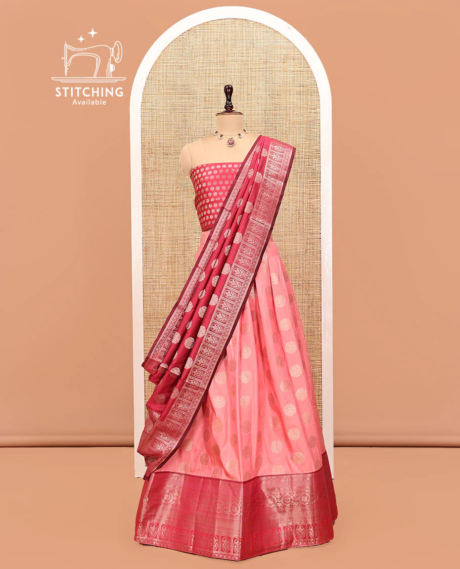 Pink Art Silk Half Saree, Detailed with Zari Buttas Skirt, Contrast Traditional Border, Jacquard Blouse, and a Contrast Banaras Dhavani - Image 3