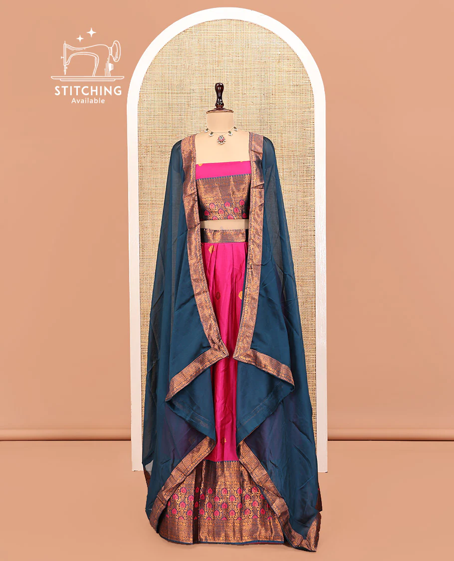 Pink Art Silk Half Saree Features Buttas Skirt, Complemented by Contrast Traditional Border, Matching Blouse, and a Plain Zari-Bordered Dhavani - Image 2