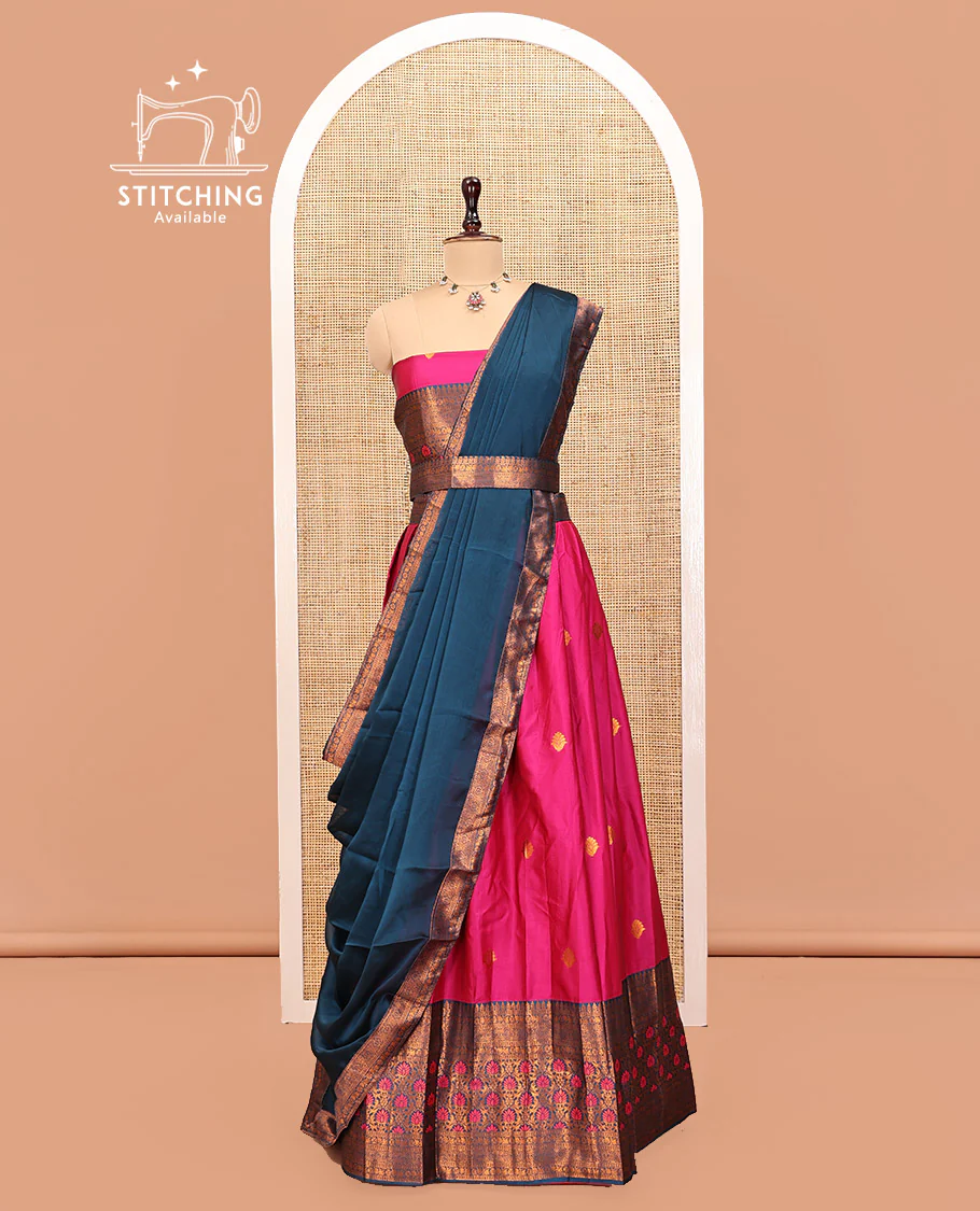 Pink Art Silk Half Saree Features Buttas Skirt, Complemented by Contrast Traditional Border, Matching Blouse, and a Plain Zari-Bordered Dhavani - Image 3