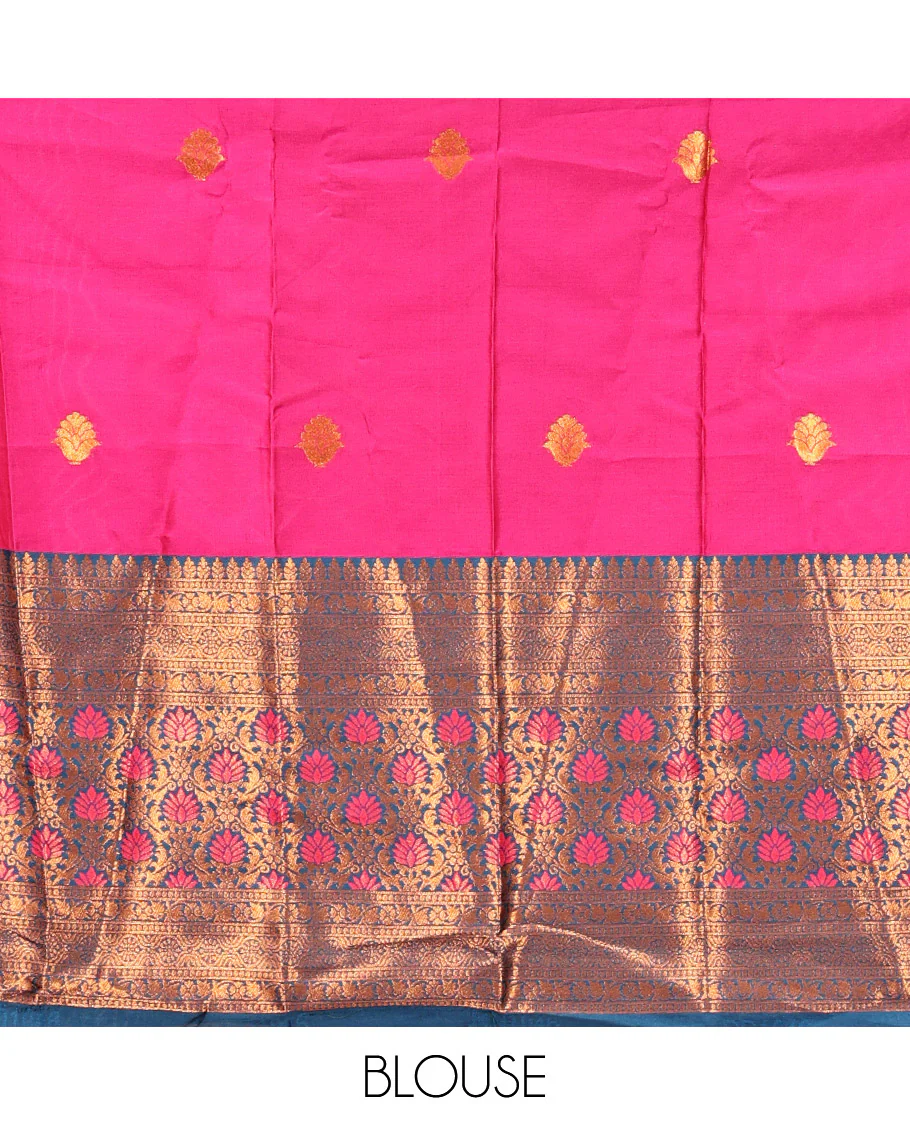 Pink Art Silk Half Saree Features Buttas Skirt, Complemented by Contrast Traditional Border, Matching Blouse, and a Plain Zari-Bordered Dhavani - Image 4