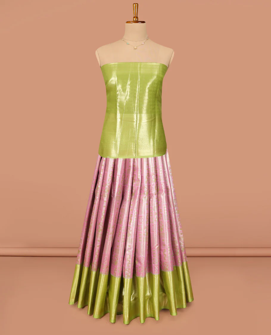 Pink Art Silk Material Half Saree Set, Elegantly Highlighted with Jacquard Design Skirt, a Contrast Traditional Zari Design Border, Contrast Zari-Jacquard Blouse, and a Dhavani of Paisley Designs - Image 3