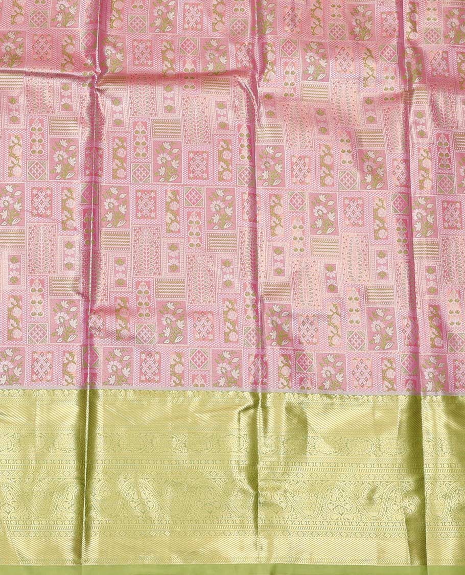 Pink Art Silk Material Half Saree Set, Elegantly Highlighted with Jacquard Design Skirt, a Contrast Traditional Zari Design Border, Contrast Zari-Jacquard Blouse, and a Dhavani of Paisley Designs - Image 4