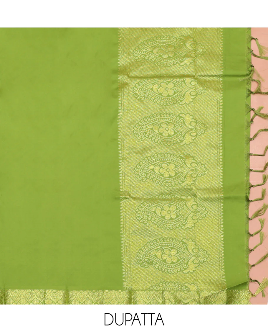 Pink Art Silk Material Half Saree Set, Elegantly Highlighted with Jacquard Design Skirt, a Contrast Traditional Zari Design Border, Contrast Zari-Jacquard Blouse, and a Dhavani of Paisley Designs - Image 6