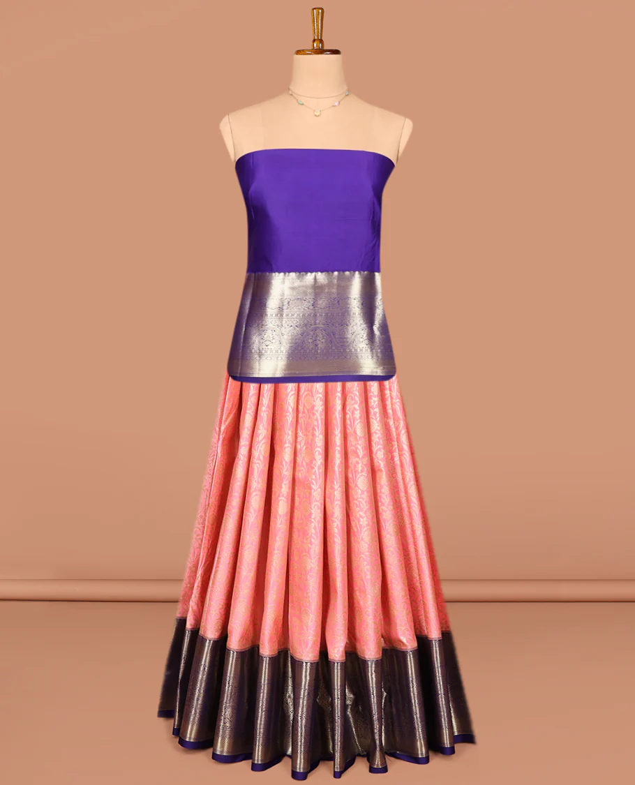 Pink Art Silk Pavadai Material Set, Woven with Floral Jacquard on Its Skirt, Complemented by a Contrast Traditional Zari Design Border, and Paired with a Contrast Blouse