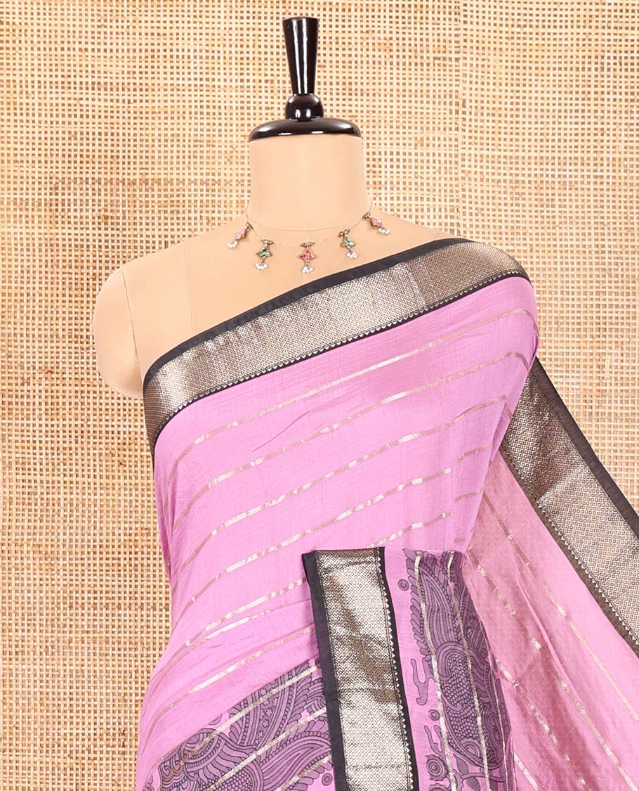 Pink Assam Cotton Saree Graced with Horizontal Zari Stripes and Kalamkari Peacock Print, Complemented by a Contrast Traditional Zari Design Border, Gleaming Zari Woven Pallu, and a Contrast Zari Design Blouse - Image 2