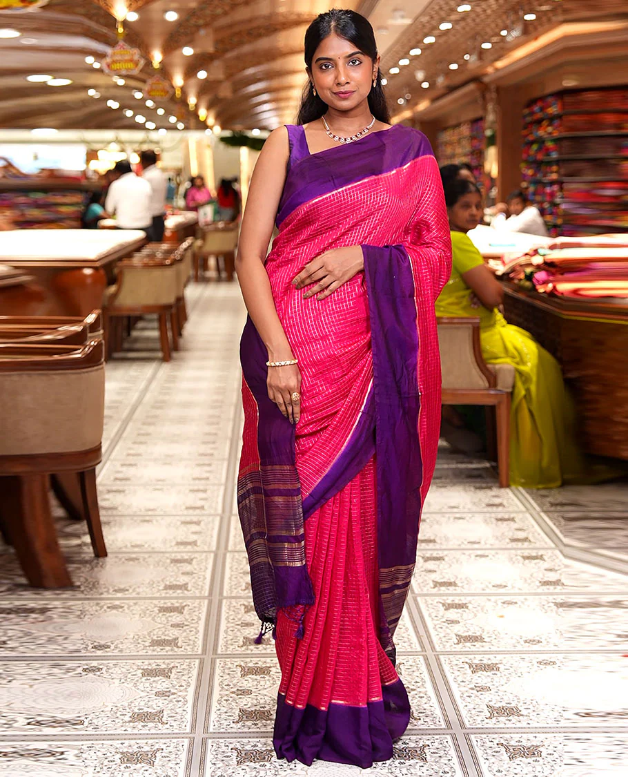Pink Assam Silk Saree, Gleamed Up with Zari Checked Design on Its Body, Complemented by Contrast Border, Pallu Steeped with Gleaming Zari Stripes, and Paired with a Contrast Blouse - Image 2