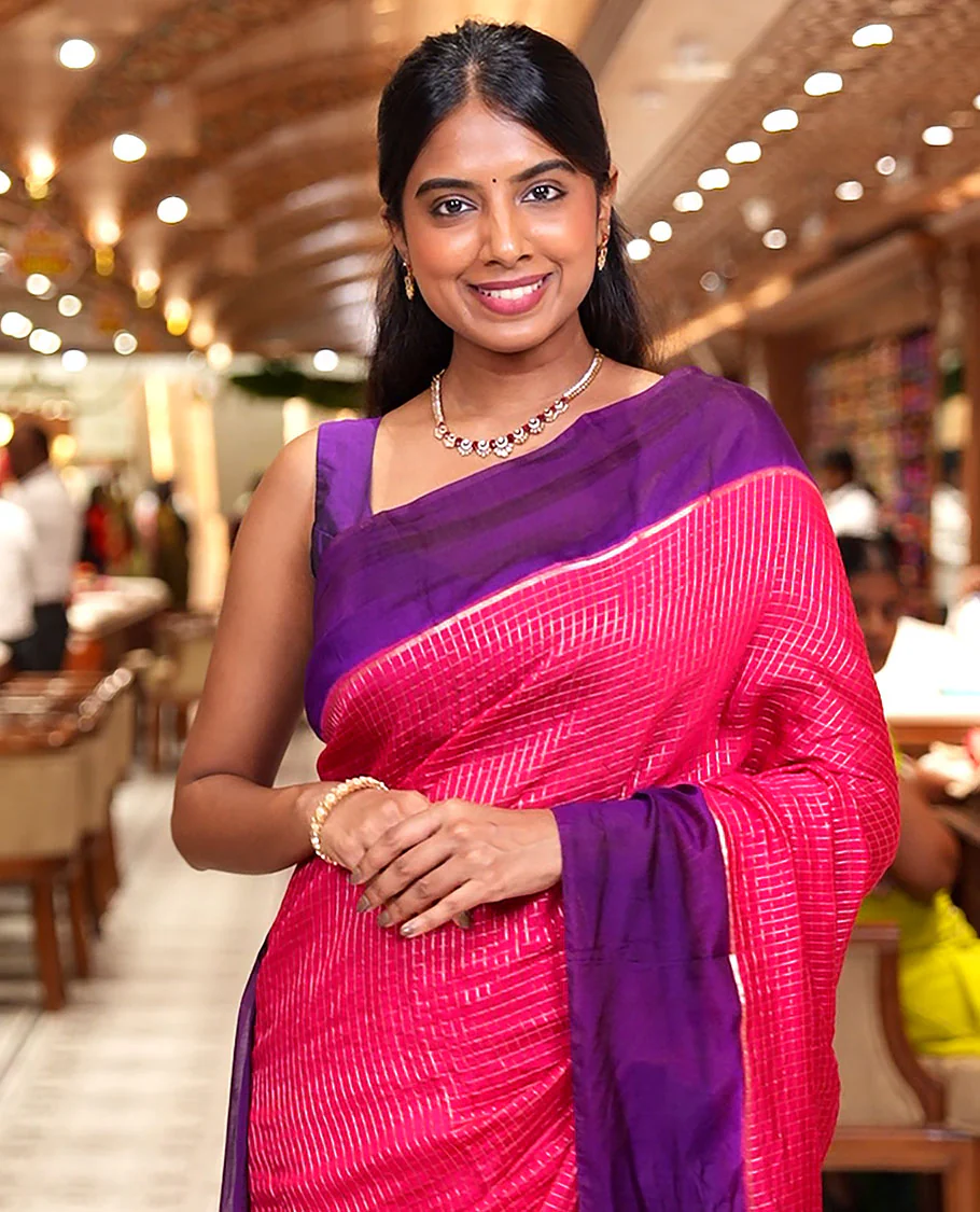 Pink Assam Silk Saree, Gleamed Up with Zari Checked Design on Its Body, Complemented by Contrast Border, Pallu Steeped with Gleaming Zari Stripes, and Paired with a Contrast Blouse - Image 3