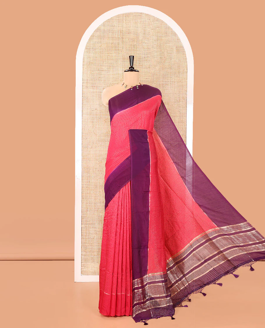 Pink Assam Silk Saree, Gleamed Up with Zari Checked Design on Its Body, Complemented by Contrast Border, Pallu Steeped with Gleaming Zari Stripes, and Paired with a Contrast Blouse - Image 4