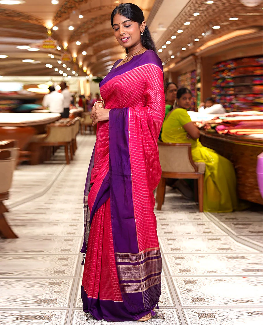 Pink Assam Silk Saree, Gleamed Up with Zari Checked Design on Its Body, Complemented by Contrast Border, Pallu Steeped with Gleaming Zari Stripes, and Paired with a Contrast Blouse - Image 5