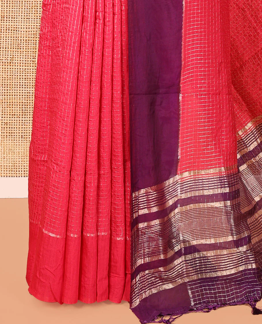 Pink Assam Silk Saree, Gleamed Up with Zari Checked Design on Its Body, Complemented by Contrast Border, Pallu Steeped with Gleaming Zari Stripes, and Paired with a Contrast Blouse - Image 7