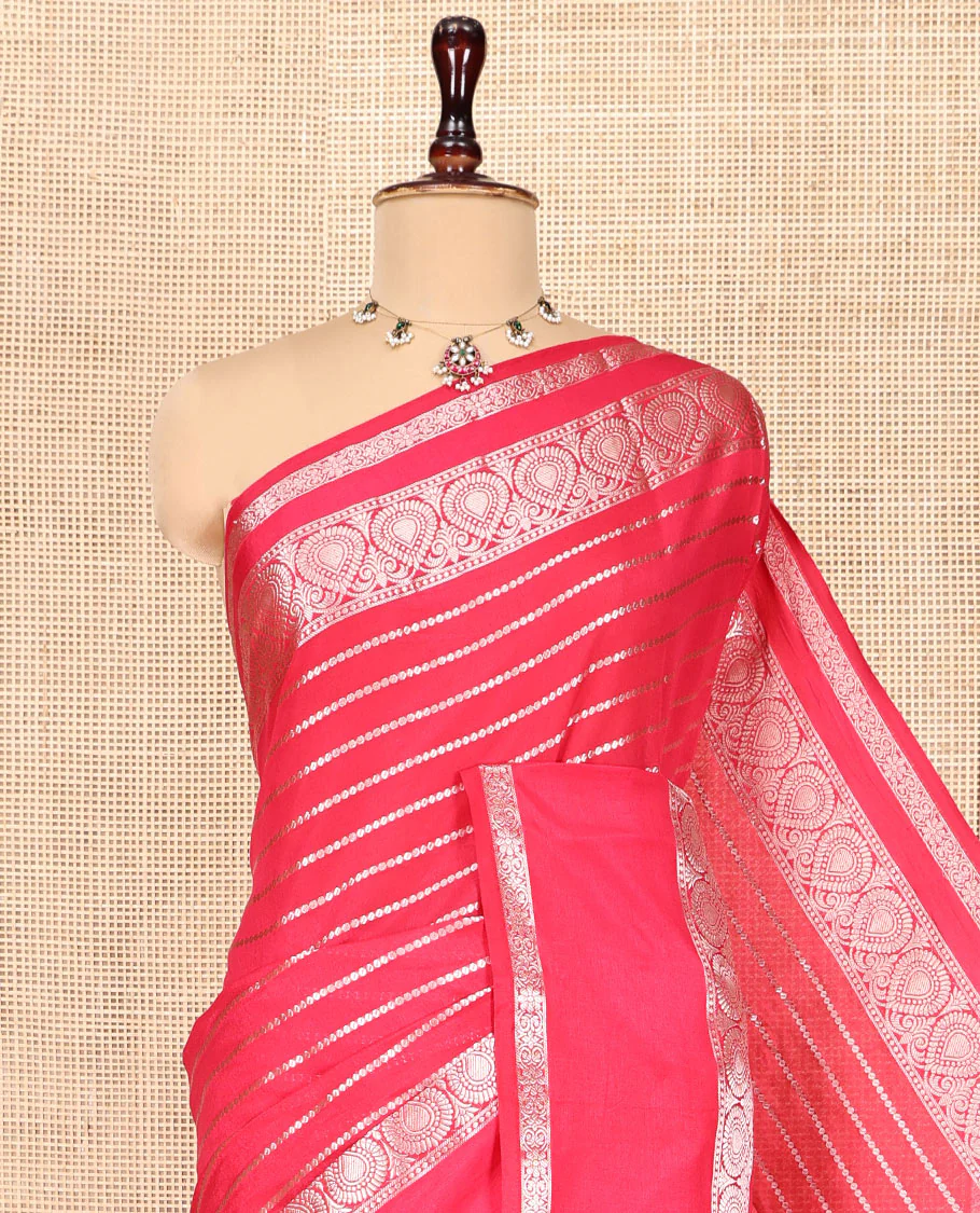 Pink Assam Silk Saree, Majestically Detailed with Zari Stripes, a Traditional Zari Border, a Pallu of Zari Designs - Image 2