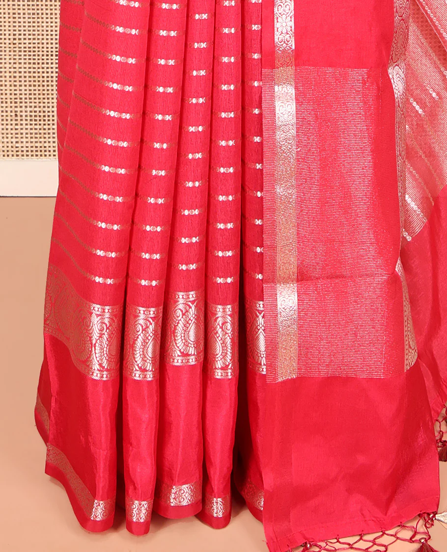 Pink Assam Silk Saree, Majestically Detailed with Zari Stripes, a Traditional Zari Border, a Pallu of Zari Designs - Image 3