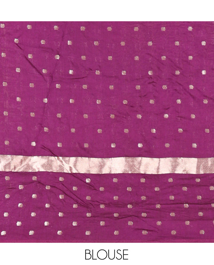 Pink Assam Silk Saree, Masterfully Woven with Zari Buttas on Its Body, Complemented by Contrast Border Steeped with Zari Buttas, Pallu Steeped with Gleaming Zari Stripes and Buttas, and Paired with a Contrast Blouse - Image 4