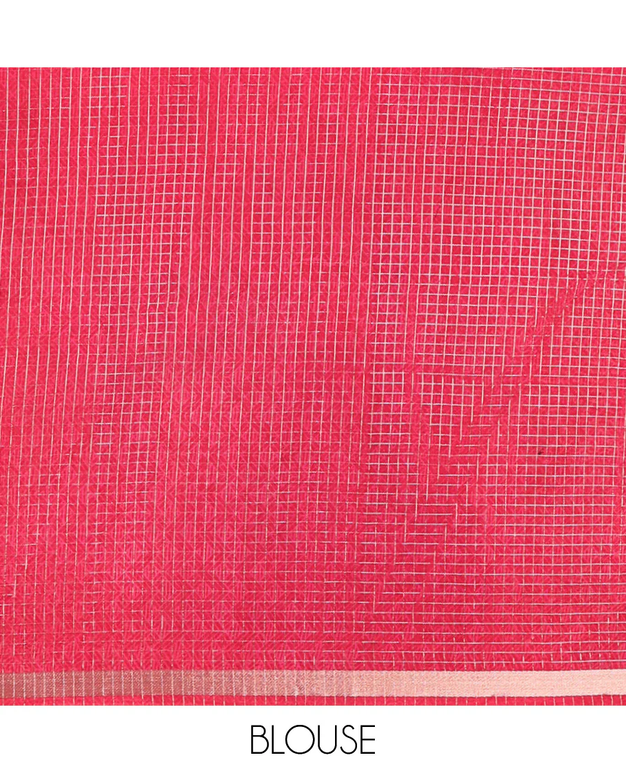 Pink Assam Silk Saree Subtly Sparkled with Micro-Checks and Kalamkari Floral Prints, Featuring a Simple Piping Border, a Pallu Woven with Zari Stripes, Paired with a Matching Checked Blouse - Image 4