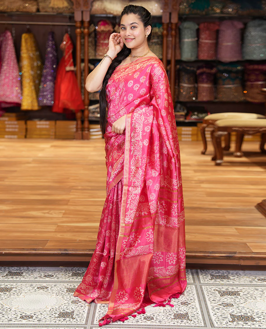 Pink Banana Pith Saree Accentuated with Floral Motifs Discharge Print All Over Its Body, Zari Bavanji Border, Pallu Subtly Woven in Floral Print and Zari Weave, and Paired with a Matching Blouse - Image 3