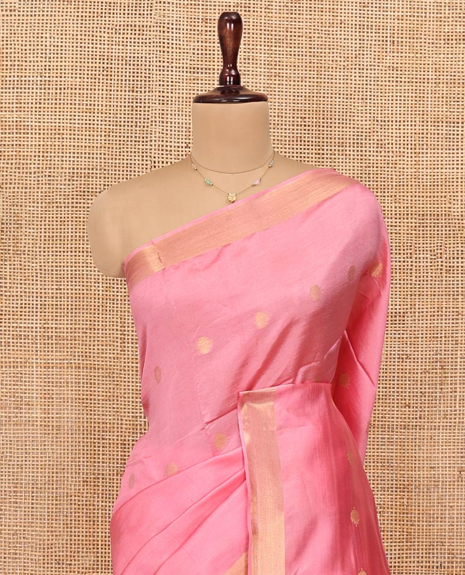Pink Banana Pith Saree, Bedecked with Buttas All Over Its Body, Highlighted by Self-Border, Pallu of Zari Stripes, and Paired with a Matching Blouse - Image 2