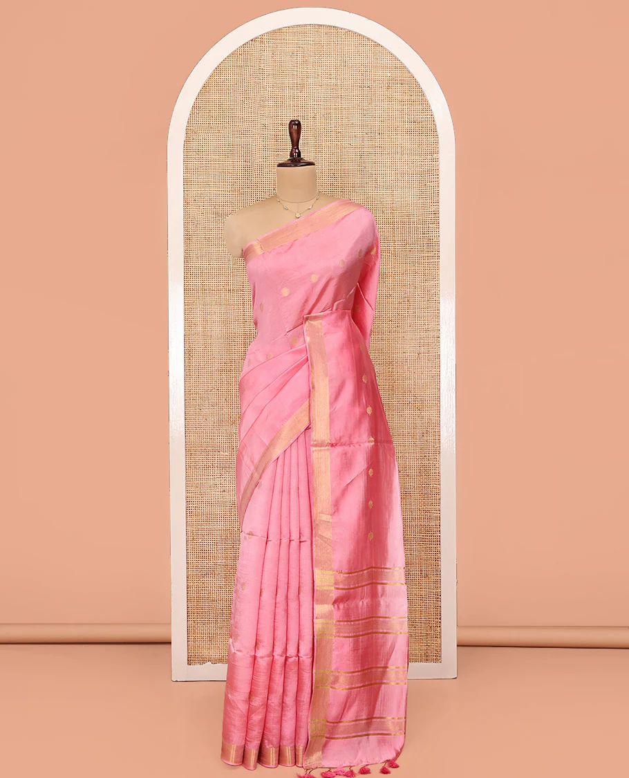 Pink Banana Pith Saree, Bedecked with Buttas All Over Its Body, Highlighted by Self-Border, Pallu of Zari Stripes, and Paired with a Matching Blouse - Image 3