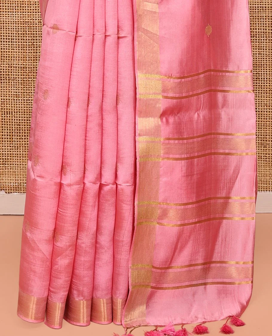 Pink Banana Pith Saree, Bedecked with Buttas All Over Its Body, Highlighted by Self-Border, Pallu of Zari Stripes, and Paired with a Matching Blouse - Image 4