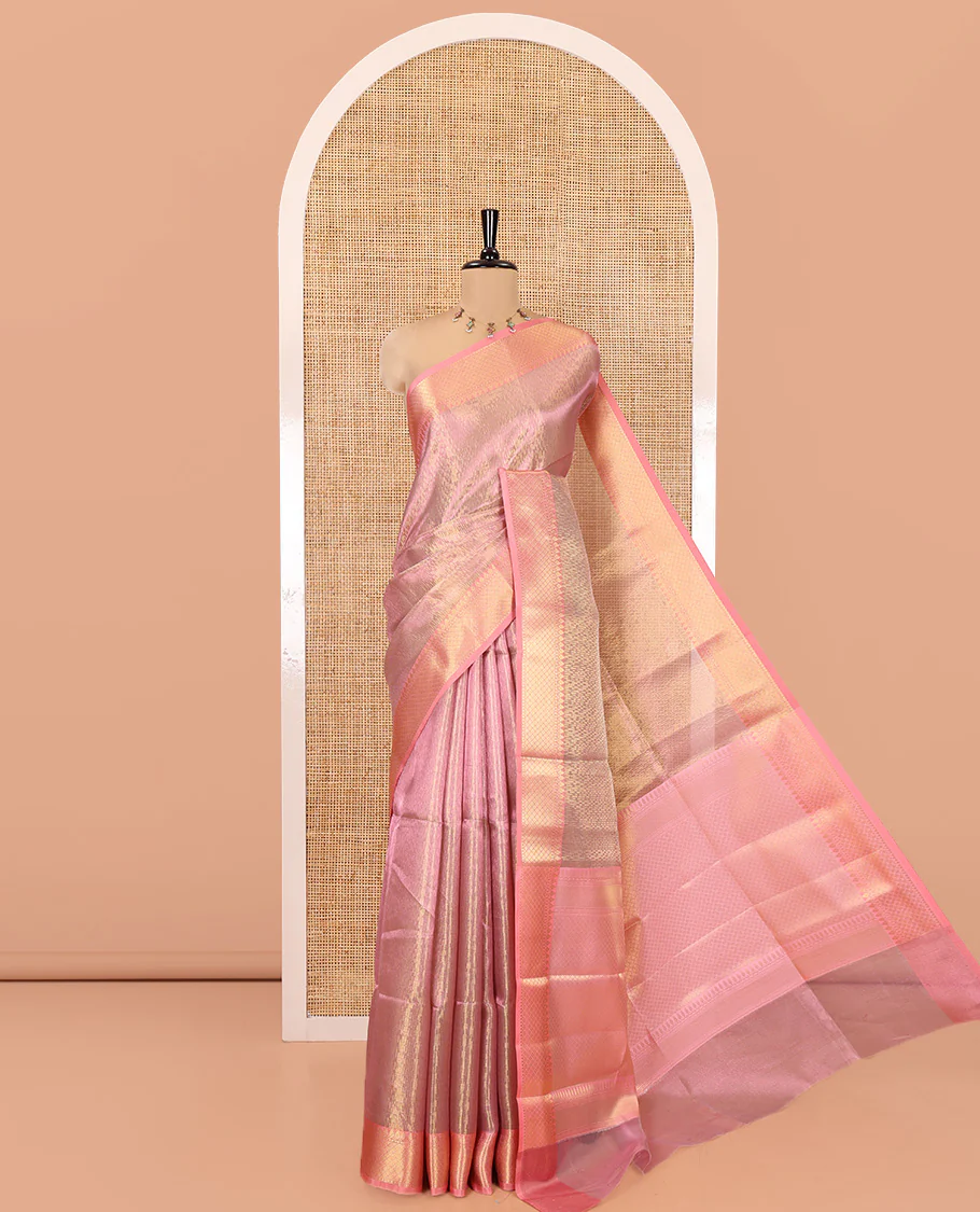Pink Banaras Katan Silk Saree, Adorned with Brocade Design on Its Body, Complemented by a Contrast Traditional Zari Design Border, Grand Jaal Pallu, and Paired with a Contrast Blouse